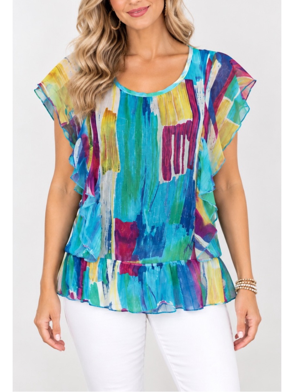 Daytrip Colorful Abstract Ruffle Top – Size Medium